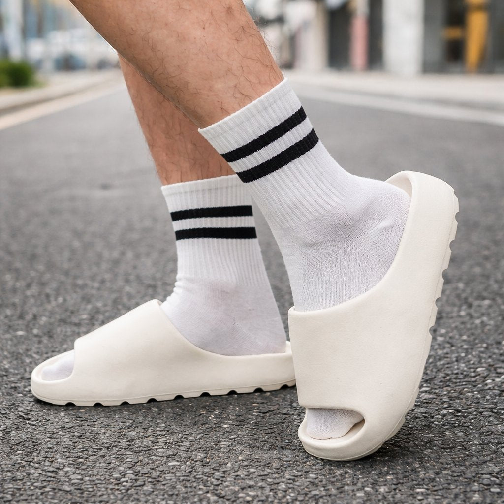 Yeezy Slide blanca puesta con medias